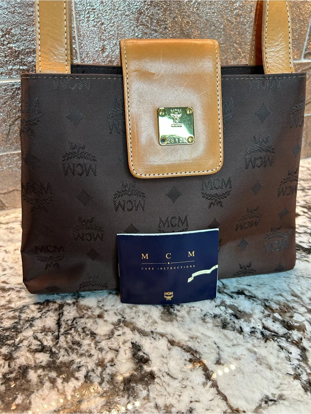 MCM Vintage Mini Tote in Dark Brown with Tan Leather Trim like new